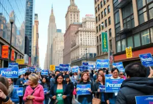 Vibrant New York City street with people discussing progressive policies during a mayoral campaign.