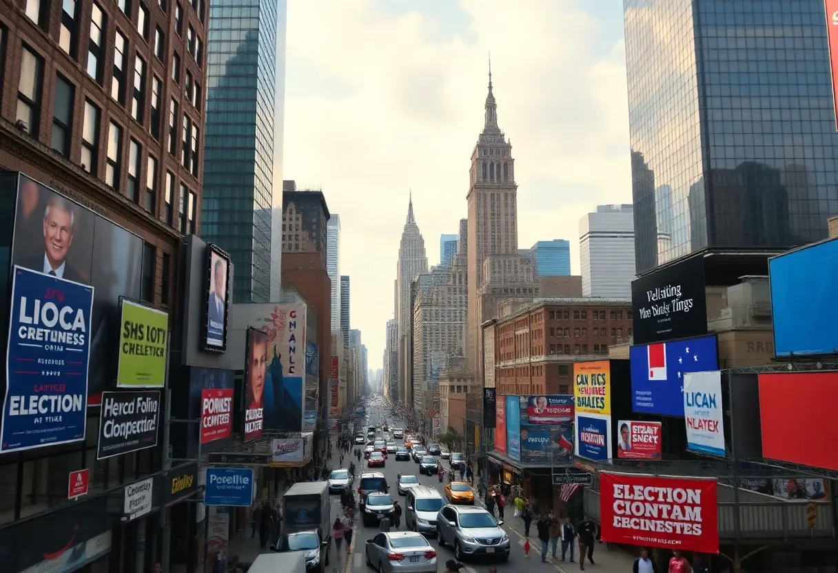 New York City skyline with political campaign advertisements
