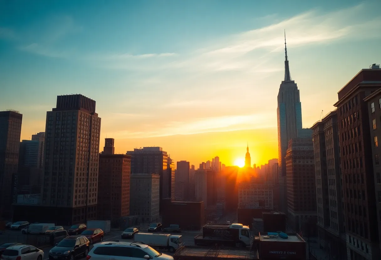 Sunset view of New York City skyline with campaign themes.