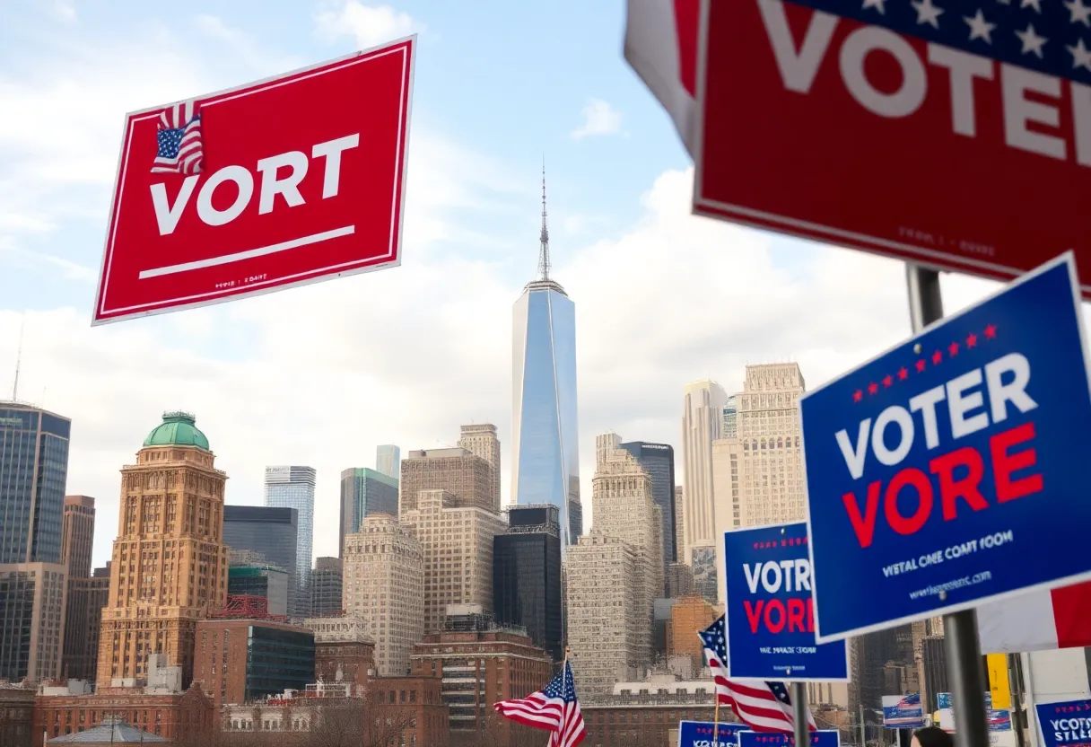 City skyline of New York City with campaign signs