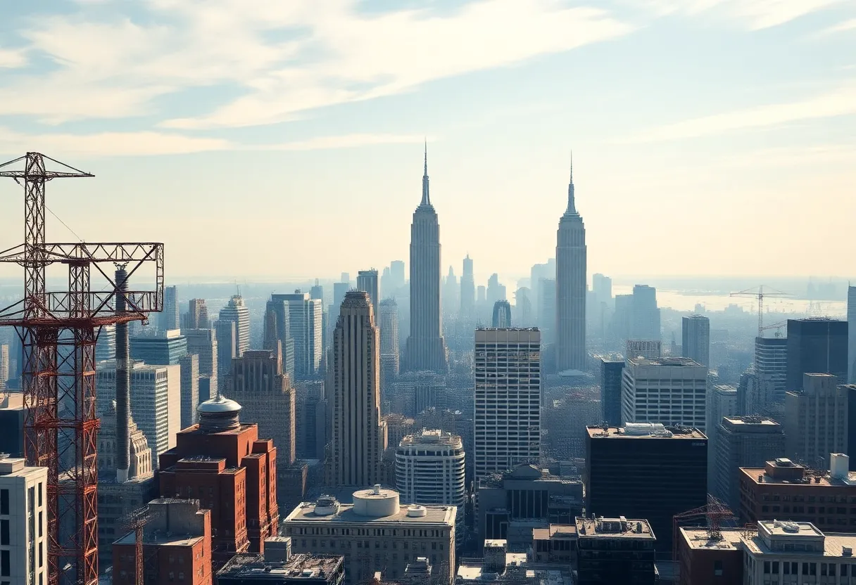 Skyline of New York City with emphasis on renewable energy infrastructure