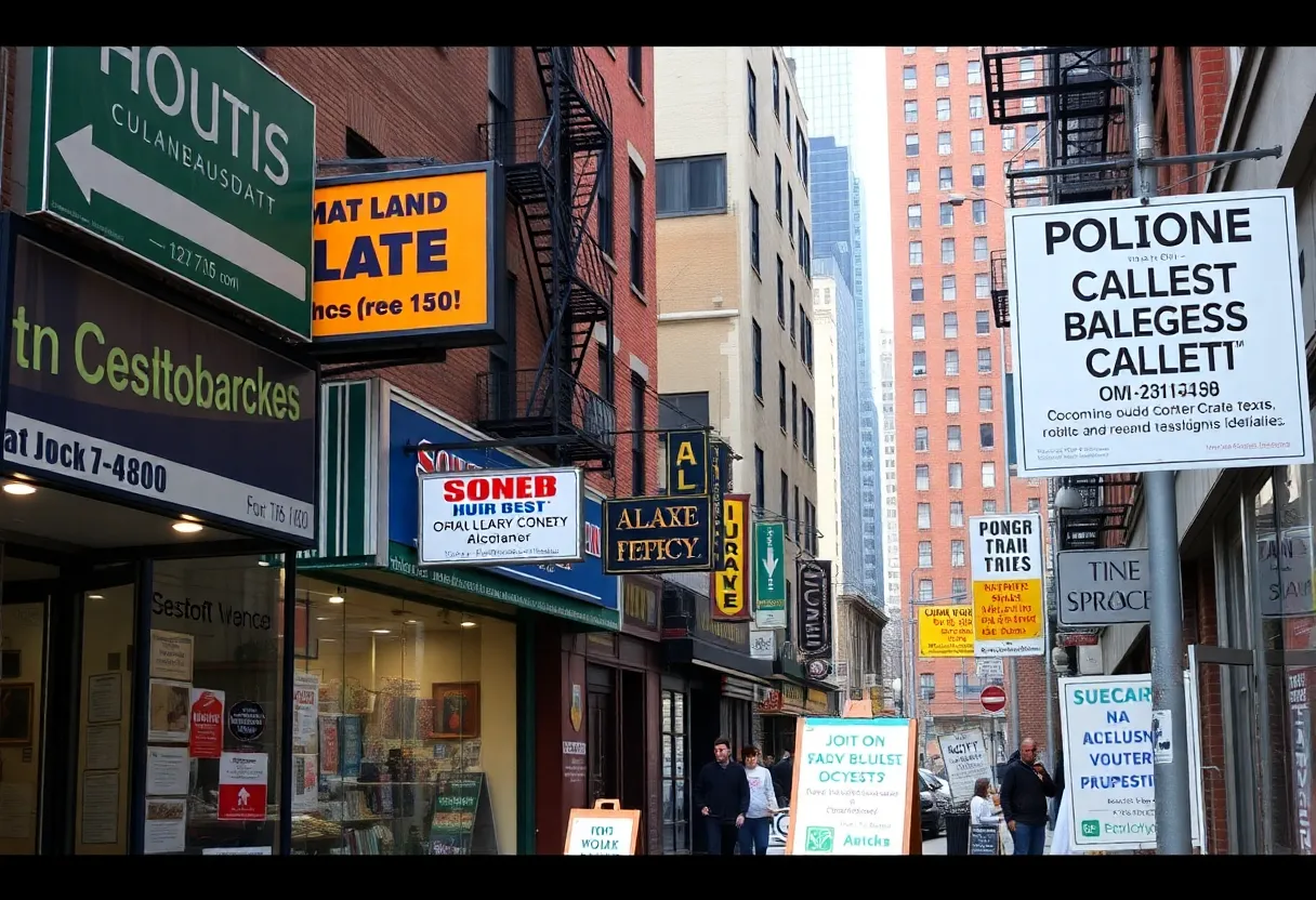 A busy street in New York City with small businesses facing economic challenges.