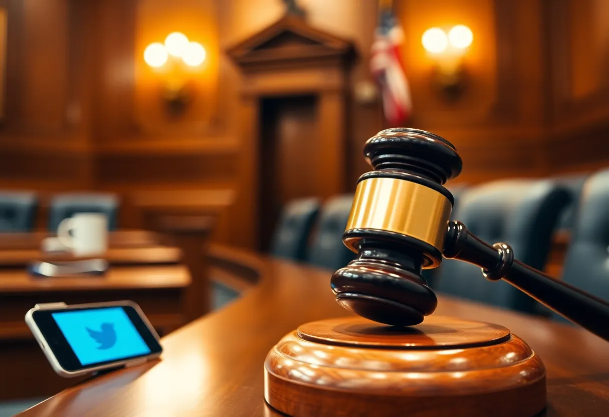 Courtroom scene representing the lawsuit against social media companies.