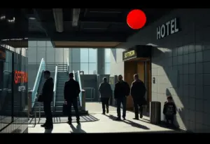 An urban subway station near a hotel in New York City, showing pedestrians and a tense atmosphere.