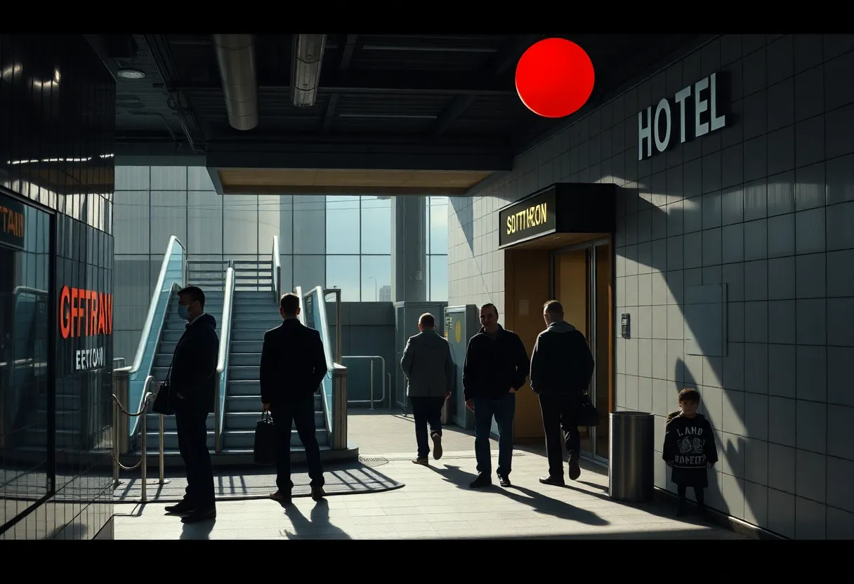 An urban subway station near a hotel in New York City, showing pedestrians and a tense atmosphere.