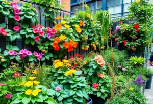 An urban garden in New York, New York featuring vertical gardening and various plant life.