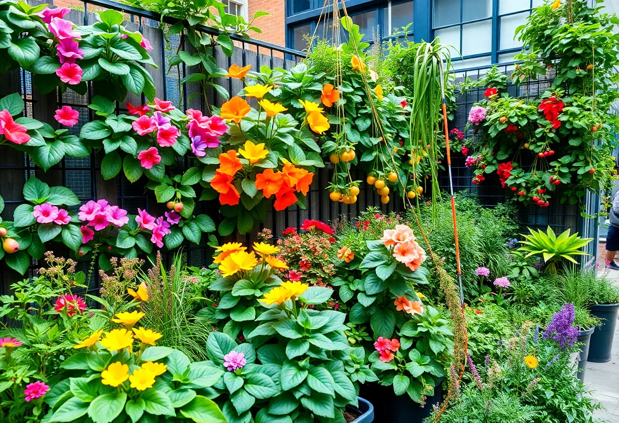 An urban garden in New York, New York featuring vertical gardening and various plant life.