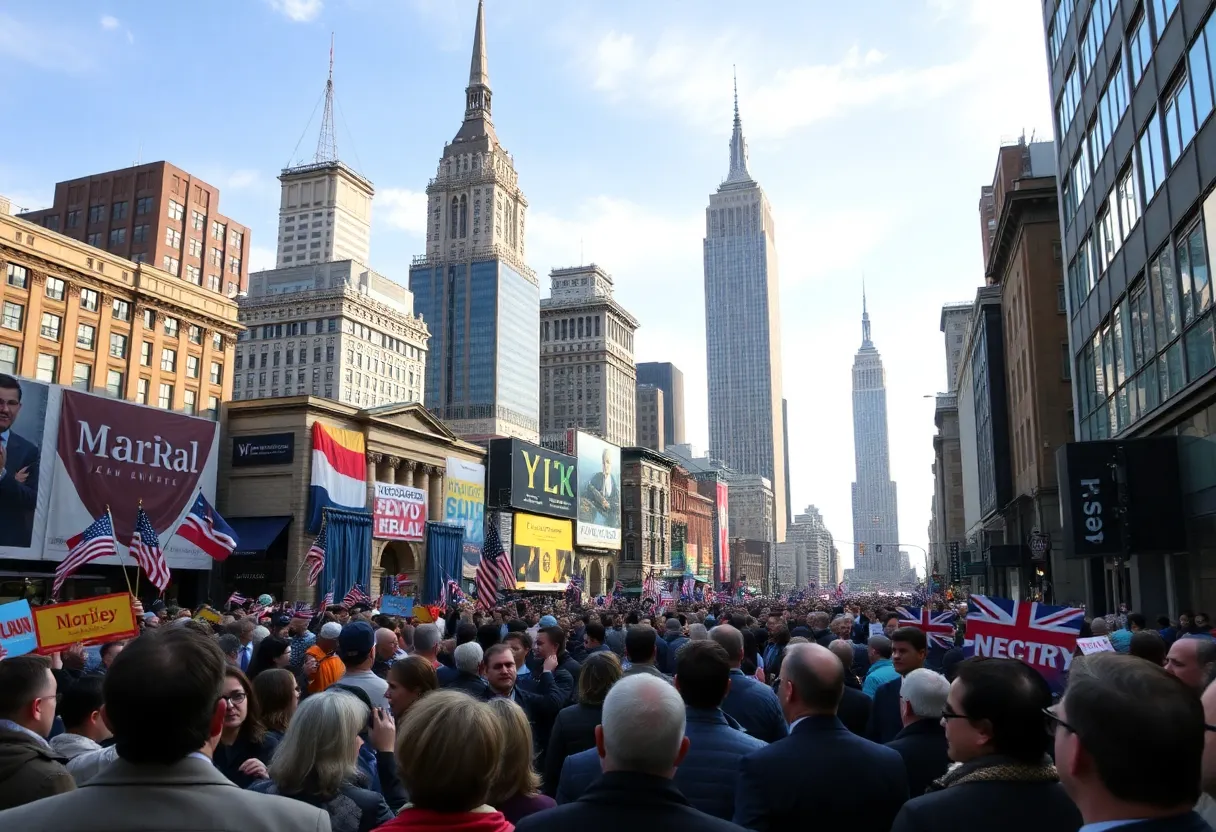 Scene from a New York City mayoral campaign event with crowds and cityscape.
