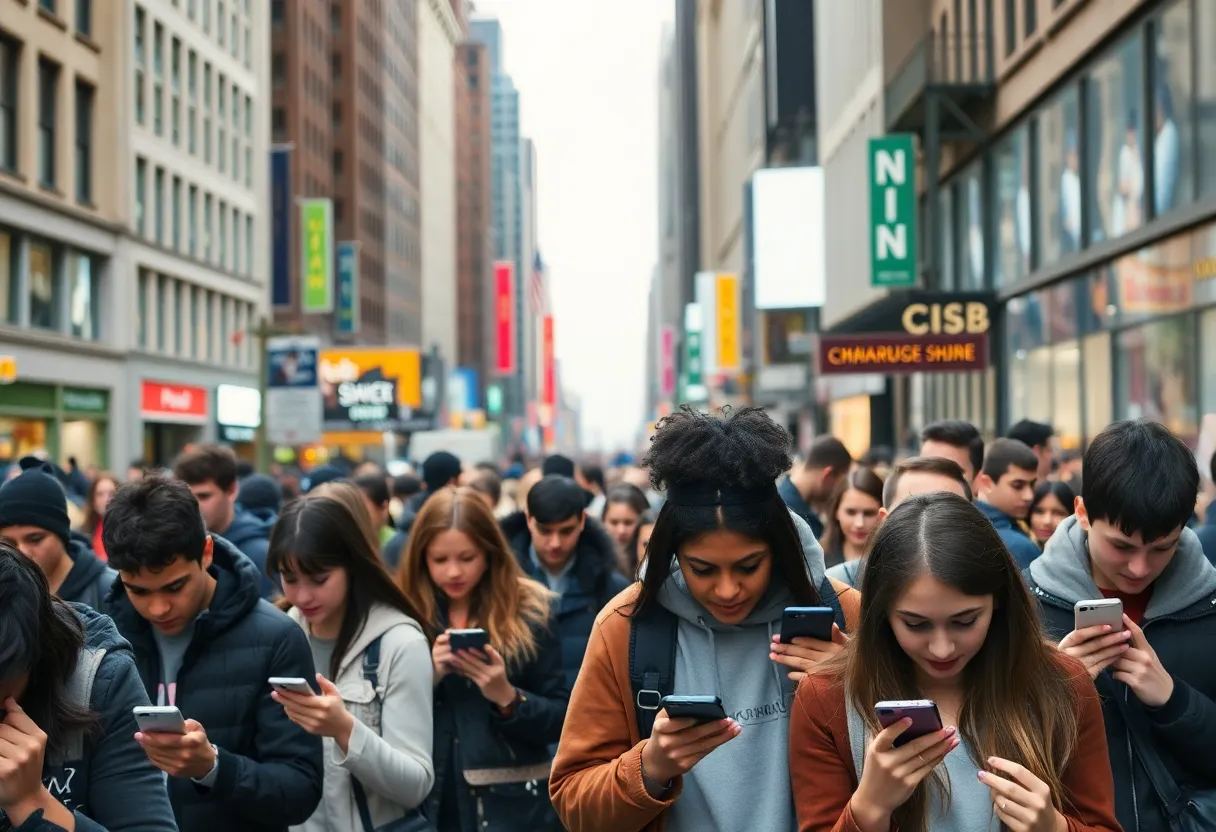 Young people in New York City using smartphones in a busy environment.