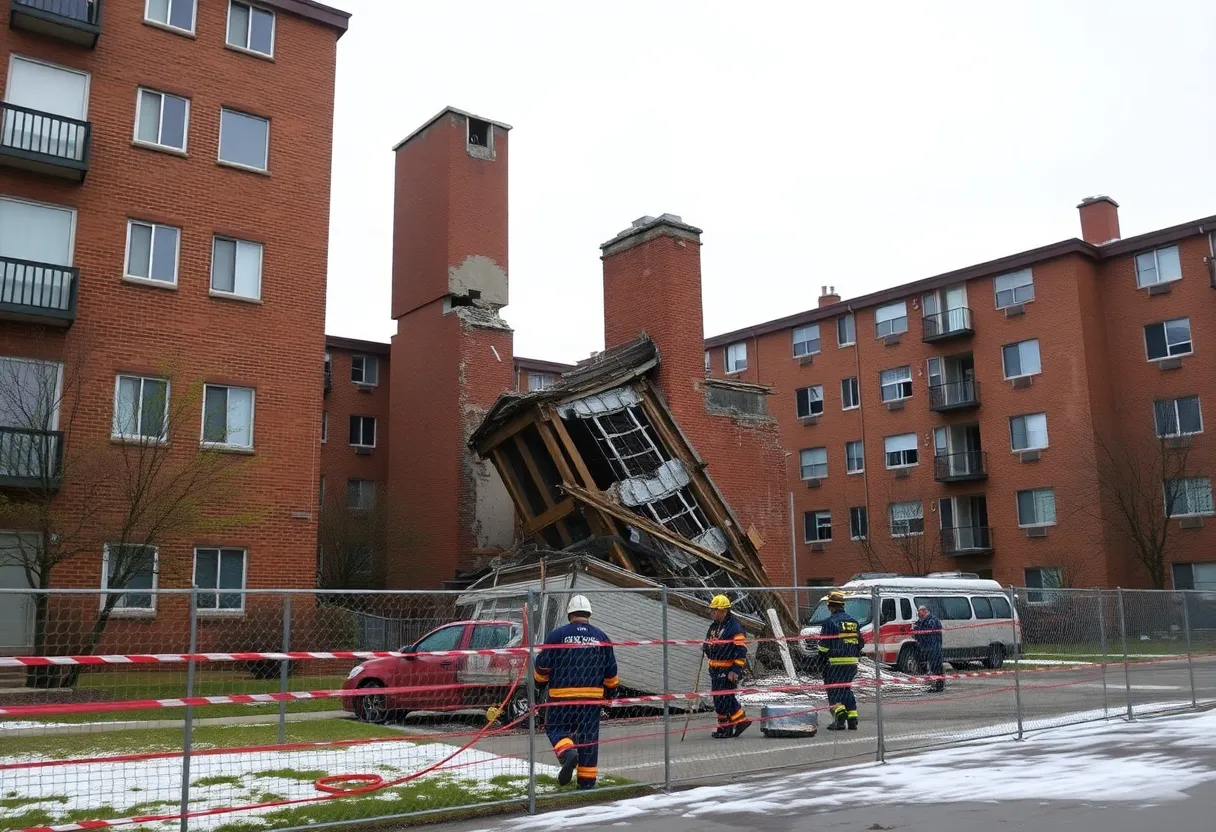 Collapsed chimney structure at NYCHA Mitchel Houses with emergency services present.