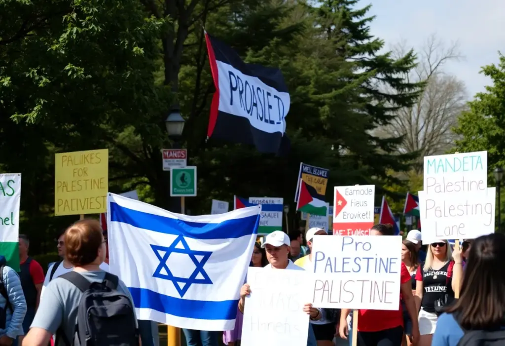 Campus scene with rallies about the Hamas attack anniversary