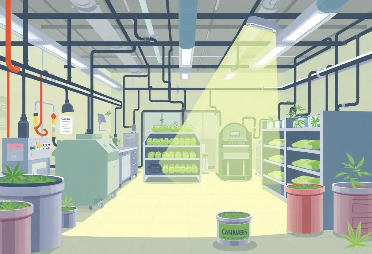 Interior view of a cannabis processing facility emphasizing compliance measures.
