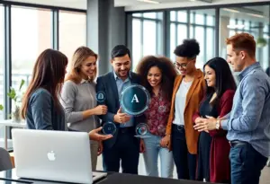 Team discussing AI sales intelligence platform in an office setting