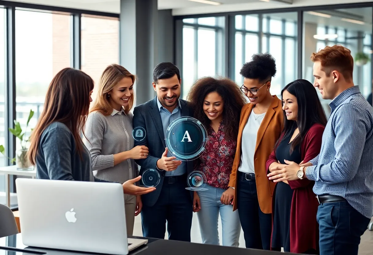 Team discussing AI sales intelligence platform in an office setting