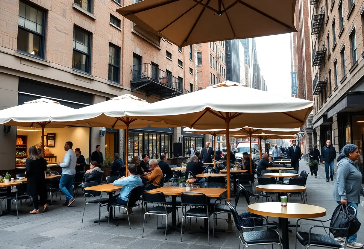 Outdoor dining setup in NYC with tables and umbrellas