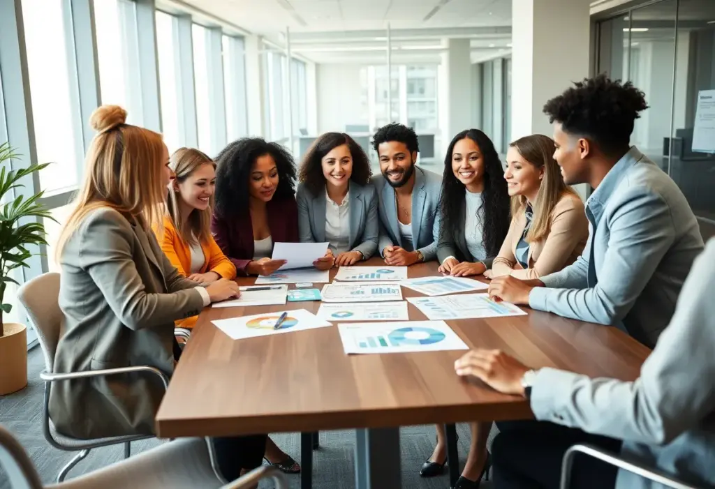 Diverse professionals discussing pay equity in an office.