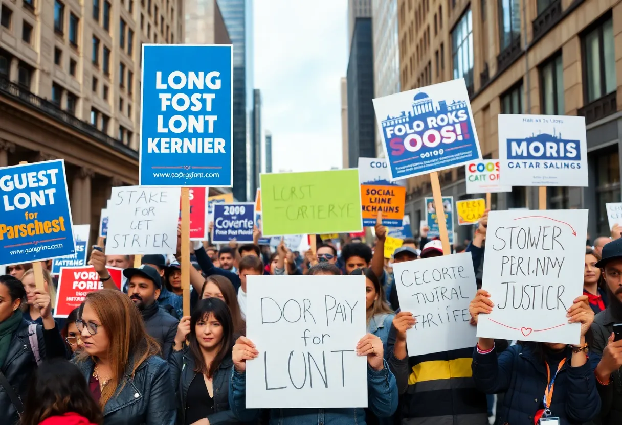 A diverse crowd at a political rally supporting city governance and social justice