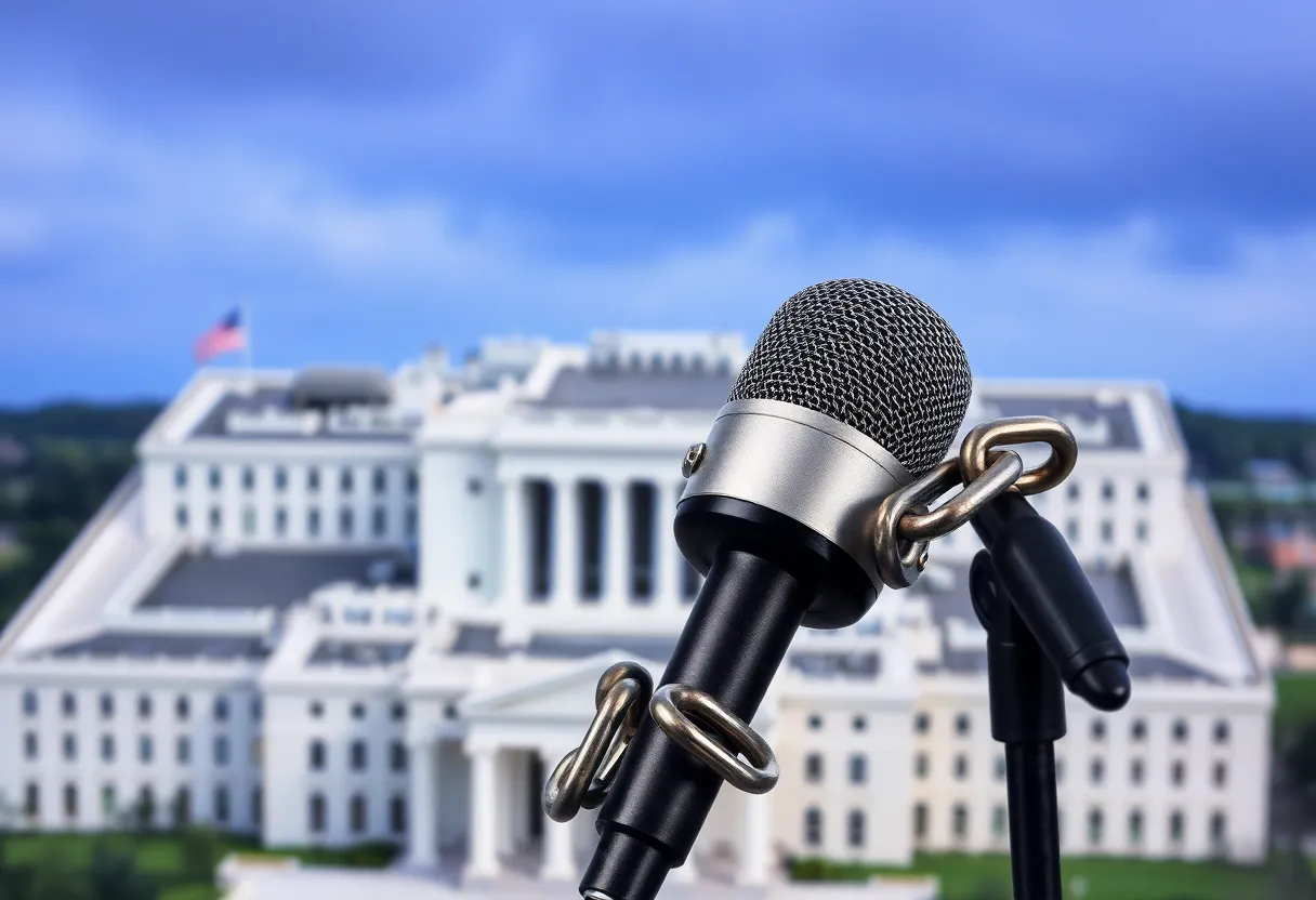 Artistic representation of press freedom with a broken chain and microphone in front of the Pentagon.