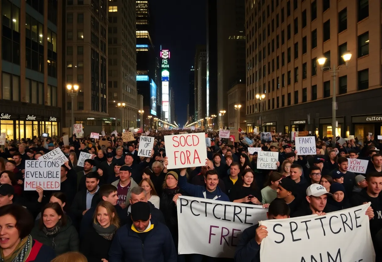 A nighttime protest in Midtown Manhattan with protesters holding signs