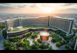 Artist's rendition of a casino resort in New York featuring greenery and modern architecture