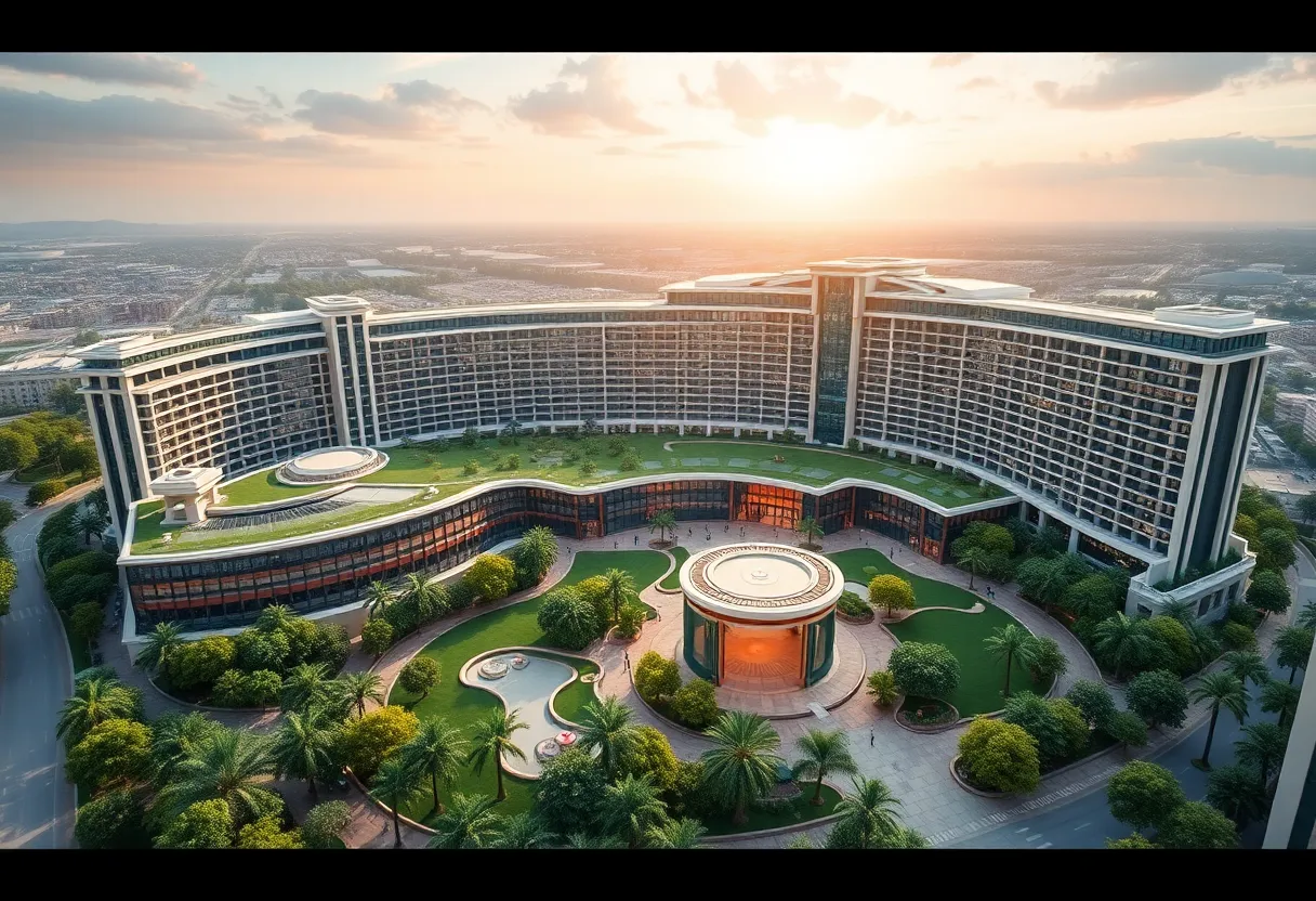 Artist's rendition of a casino resort in New York featuring greenery and modern architecture