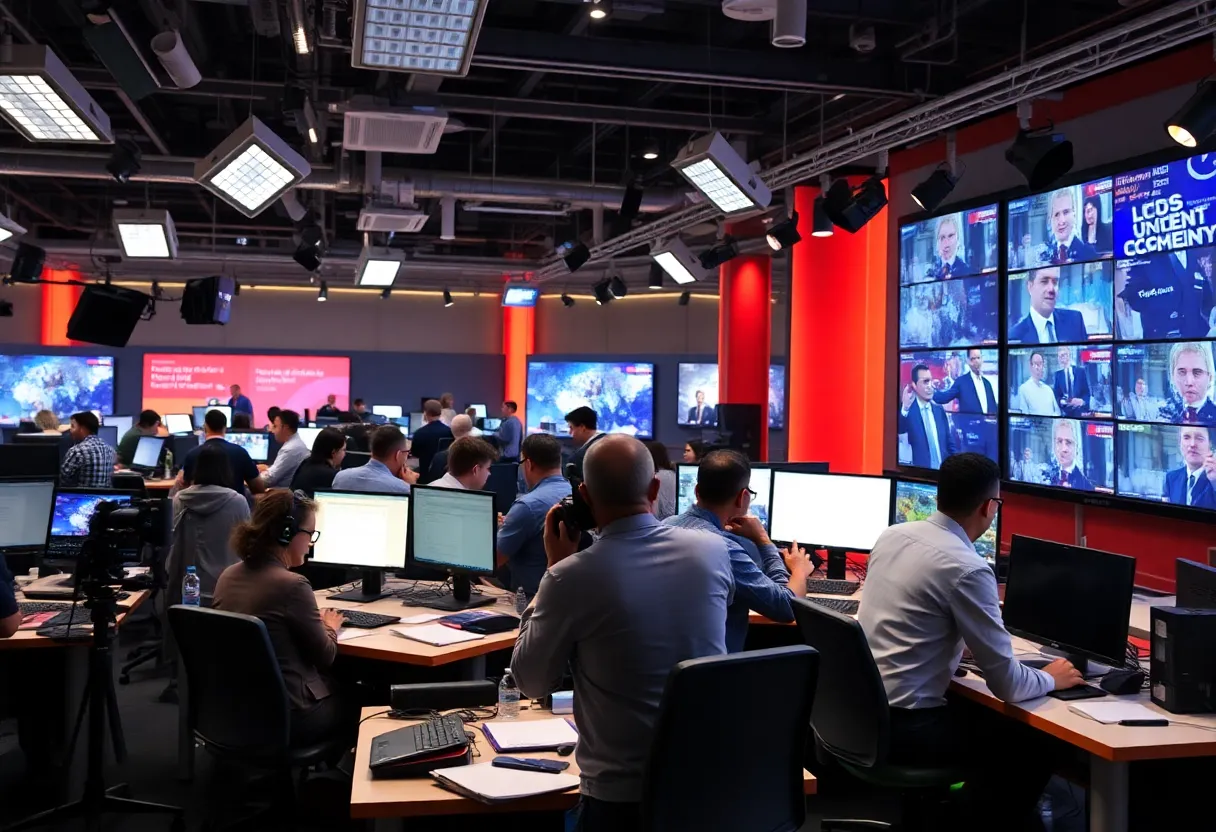 Journalists working in a busy newsroom with multimedia tools.