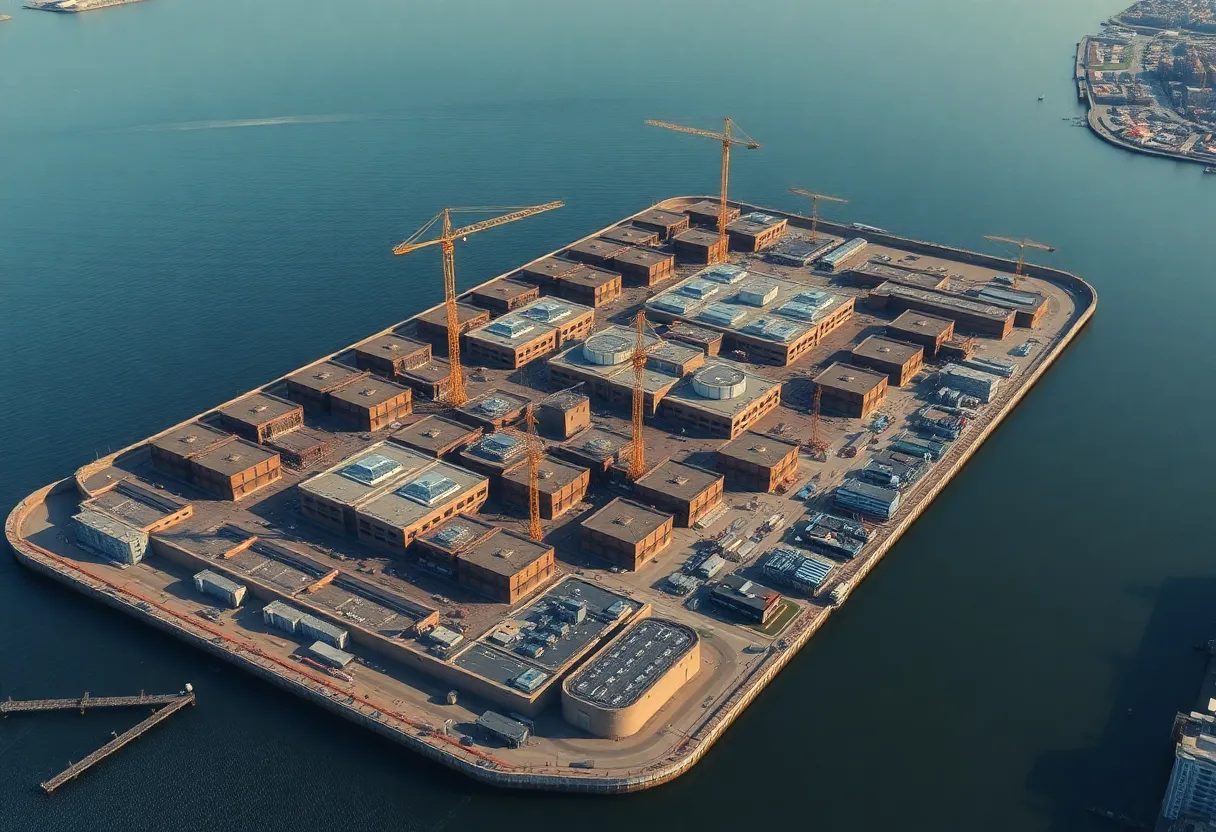 Aerial photograph of Rikers Island showing jail facilities
