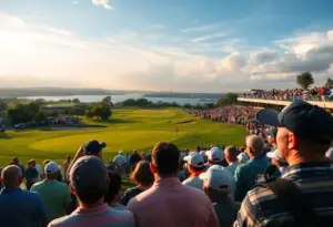 Golf course at Bethpage Black with spectators and players during an event.