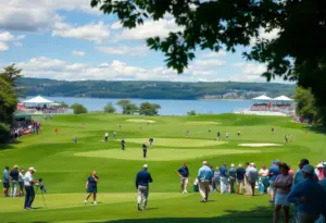 Golfers competing during the Ryder Cup at Bethpage Black course