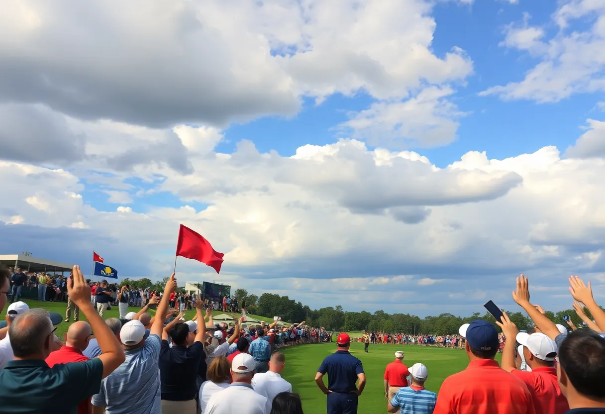 Energetic fans supporting their teams at the Ryder Cup golf event.