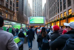 Fans enjoying the Ryder Cup Live event at Rockefeller Center with interactive golf challenges.