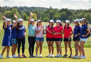 Girls golf team celebrating their championship win at golf course