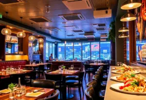 Interior view of Selene by Kyma seafood restaurant with beautifully plated dishes