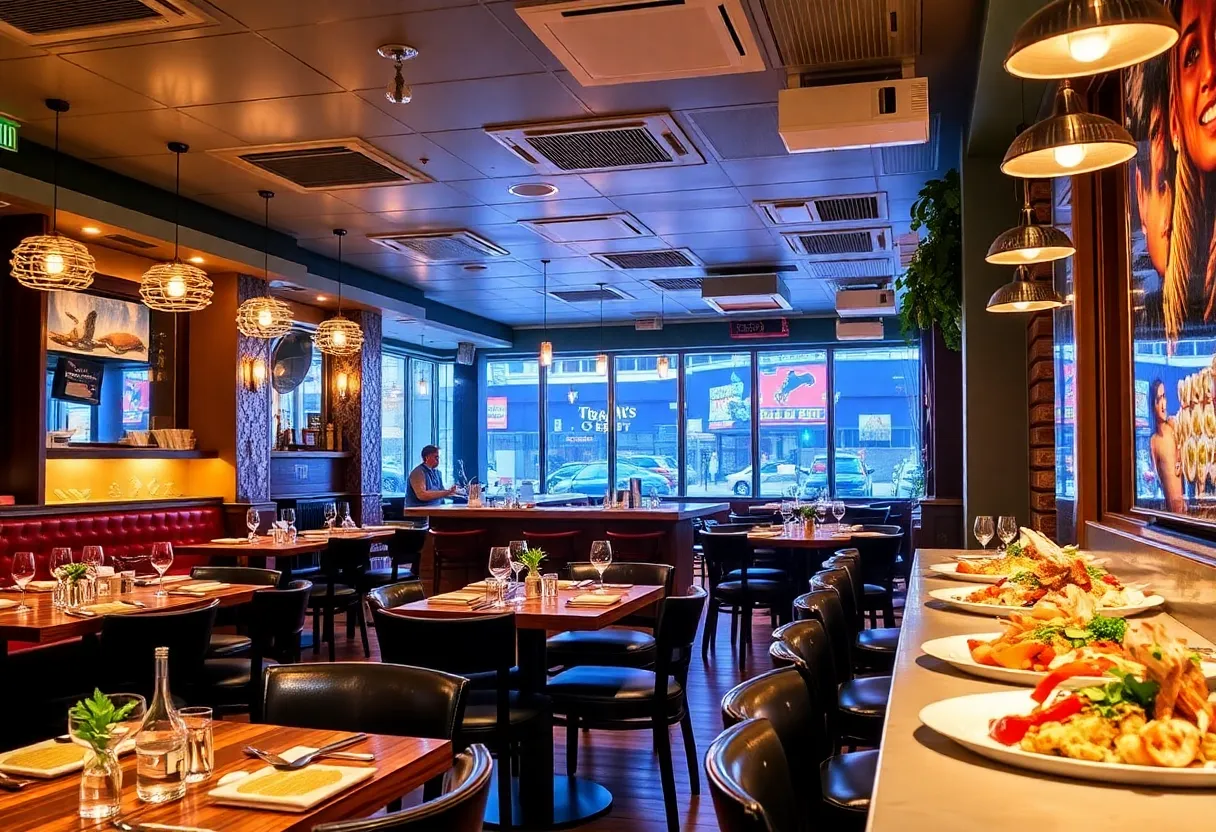 Interior view of Selene by Kyma seafood restaurant with beautifully plated dishes