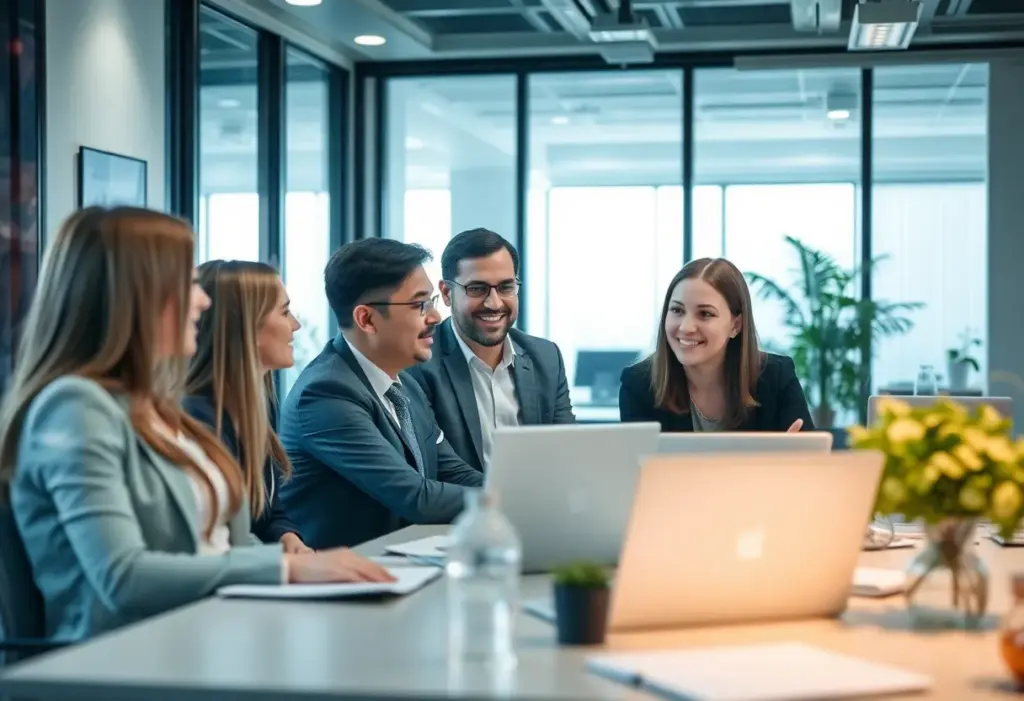 A group of professionals collaborating in a law office setting.