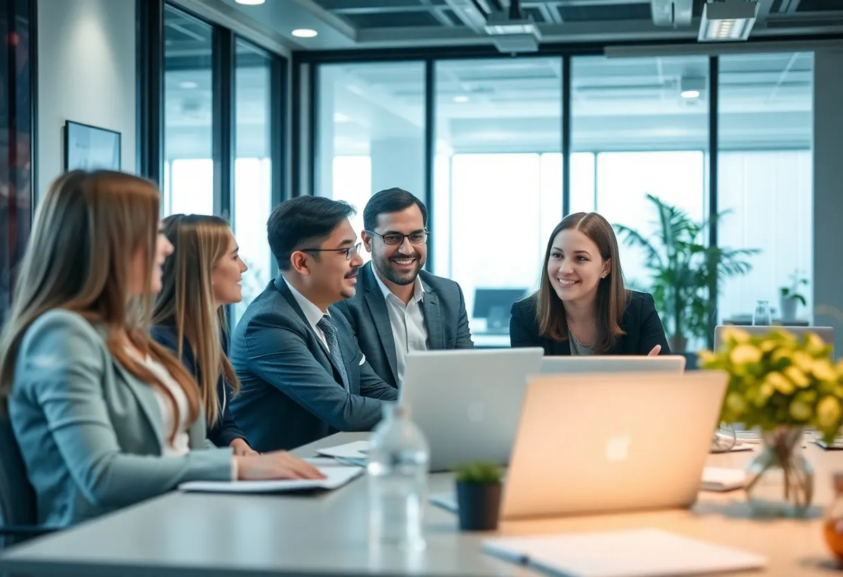 A group of professionals collaborating in a law office setting.
