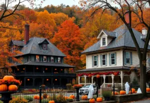 Autumn view of Sleepy Hollow with Halloween decorations and the hotel