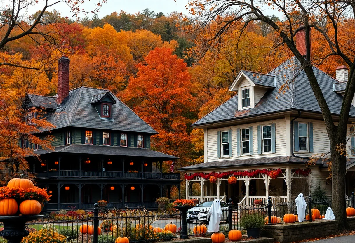 Autumn view of Sleepy Hollow with Halloween decorations and the hotel