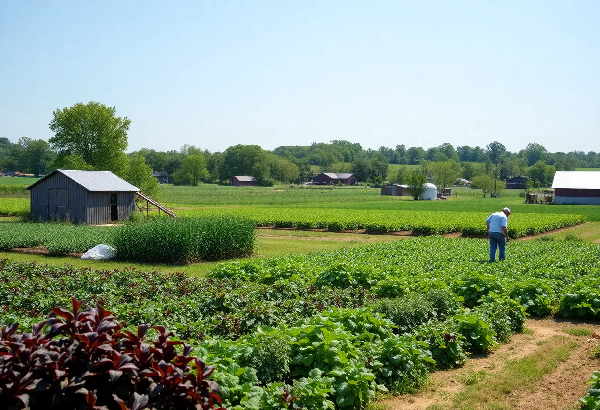 A landscape of small farms in Rochester with diverse crops.