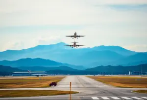 Sofia International Airport with a plane taking off