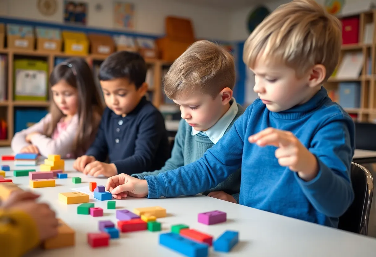 Students engaged in hands-on math activities with blocks in a classroom.