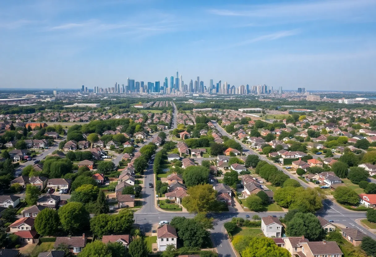 Aerial photograph of suburban houses with city skyline in the background.