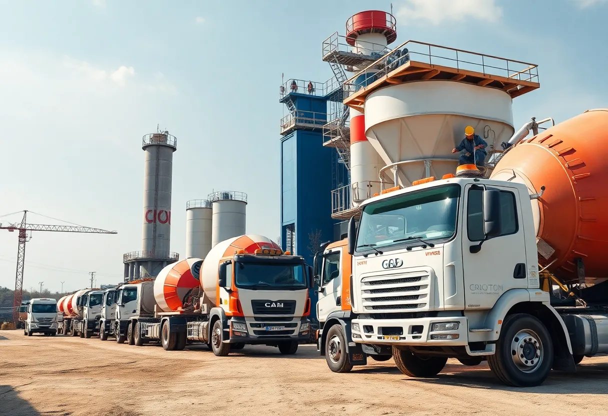 Concrete batching plant with mixer trucks at a construction site