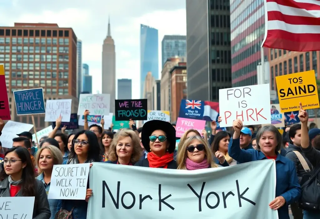 Crowd of supporters at a political rally in NYC with city skyline backdrop