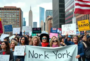 Crowd of supporters at a political rally in NYC with city skyline backdrop