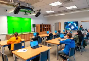 Modern classroom at Syracuse University Creator Economy Center with students engaging in digital content creation.