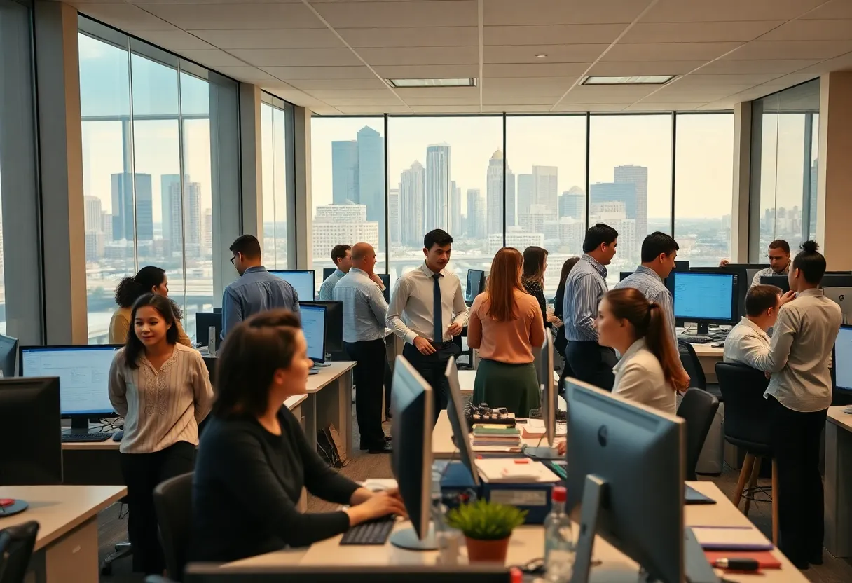 Employees working in a modern banking office in Texas