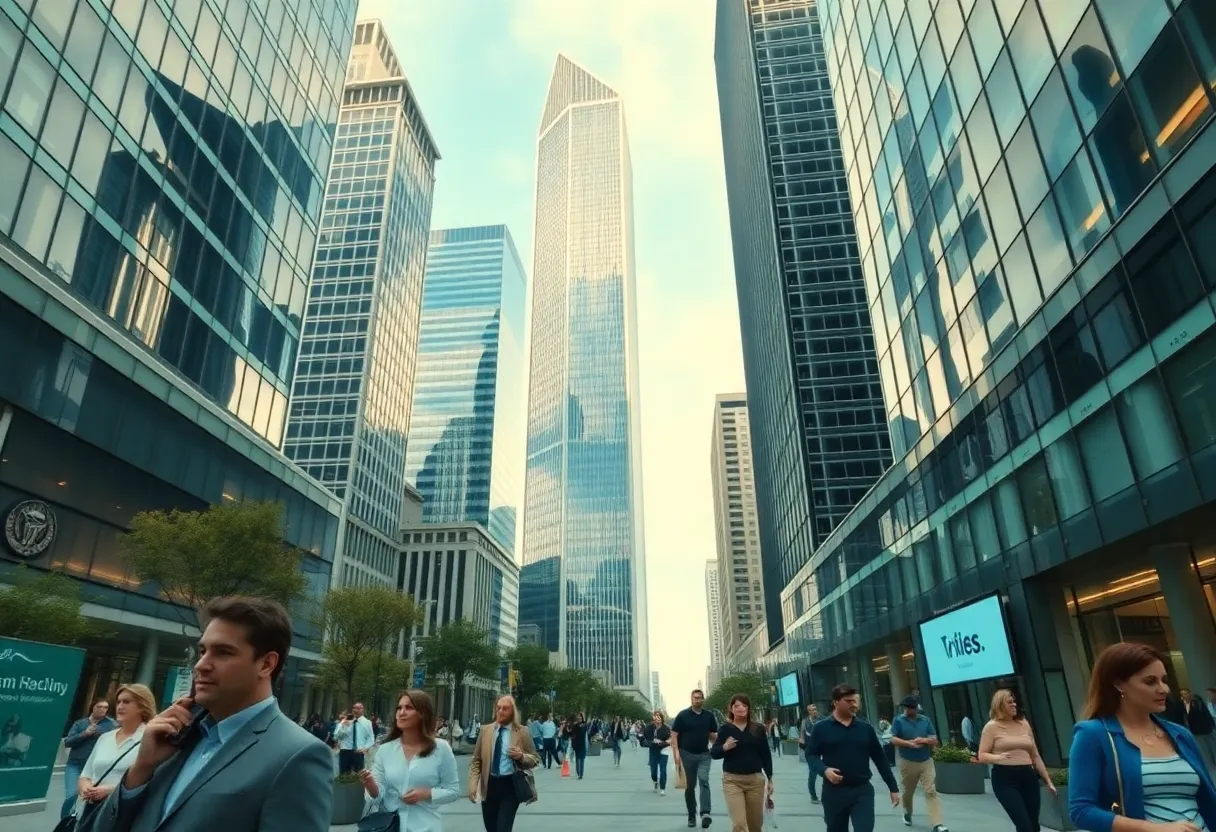 A financial district representing Texas with skyscrapers and professionals.