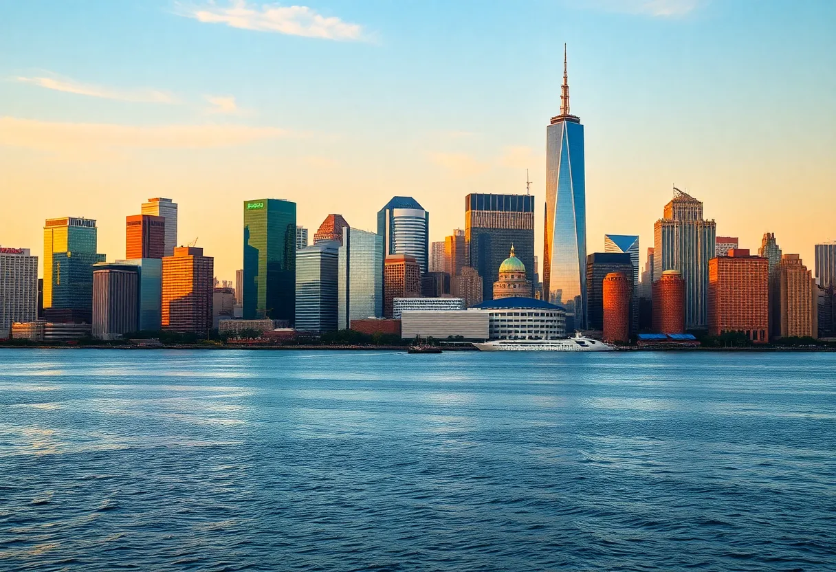 Illustration of Texas and New York city skylines representing banking jobs comparison