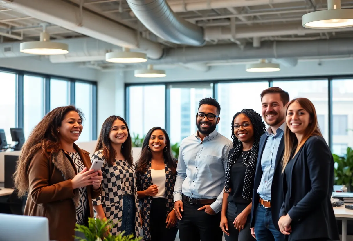 Employees collaborating in a vibrant New York City office